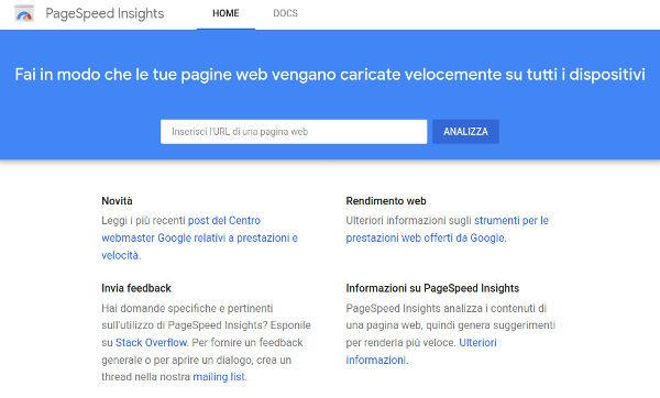 Schermata iniziale di pagespeed insight
