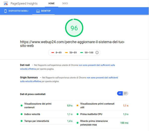 Risultati Pagespeed insight di google